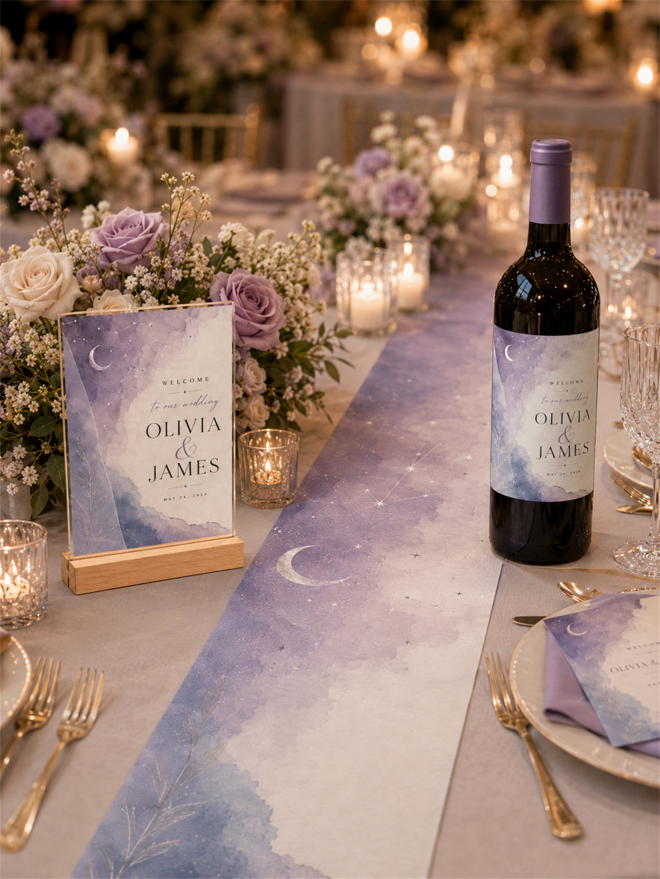 Customized celestial lavender wedding decorations - moon, stars and watercolor designs for a luxurious wedding - customized names and dates